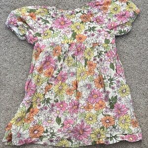 Zara White Floral Puff-Sleeve Dress with Pink, Yellow, Orange Flowers